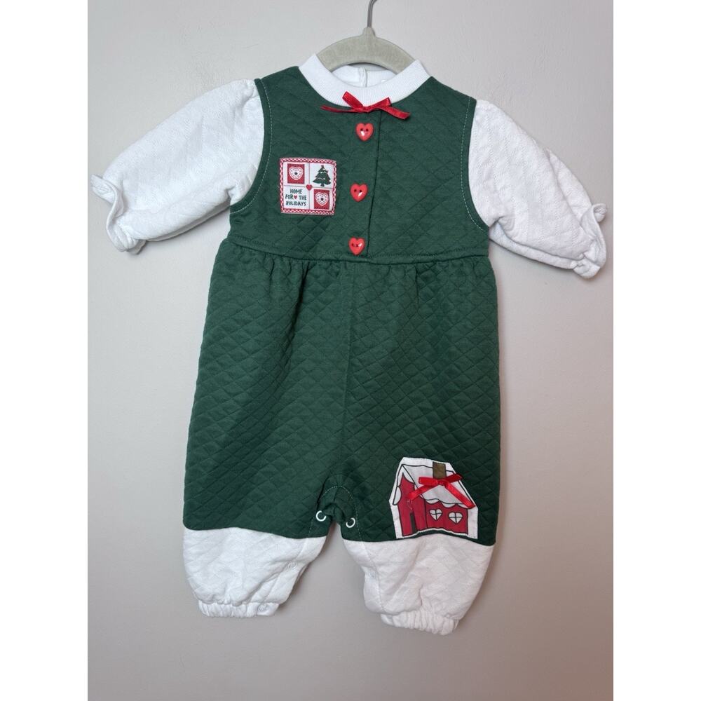 Celebrity Kids Vintage 90s Green Quilted Baby Girl Holiday Romper Sz 6-9 Months
